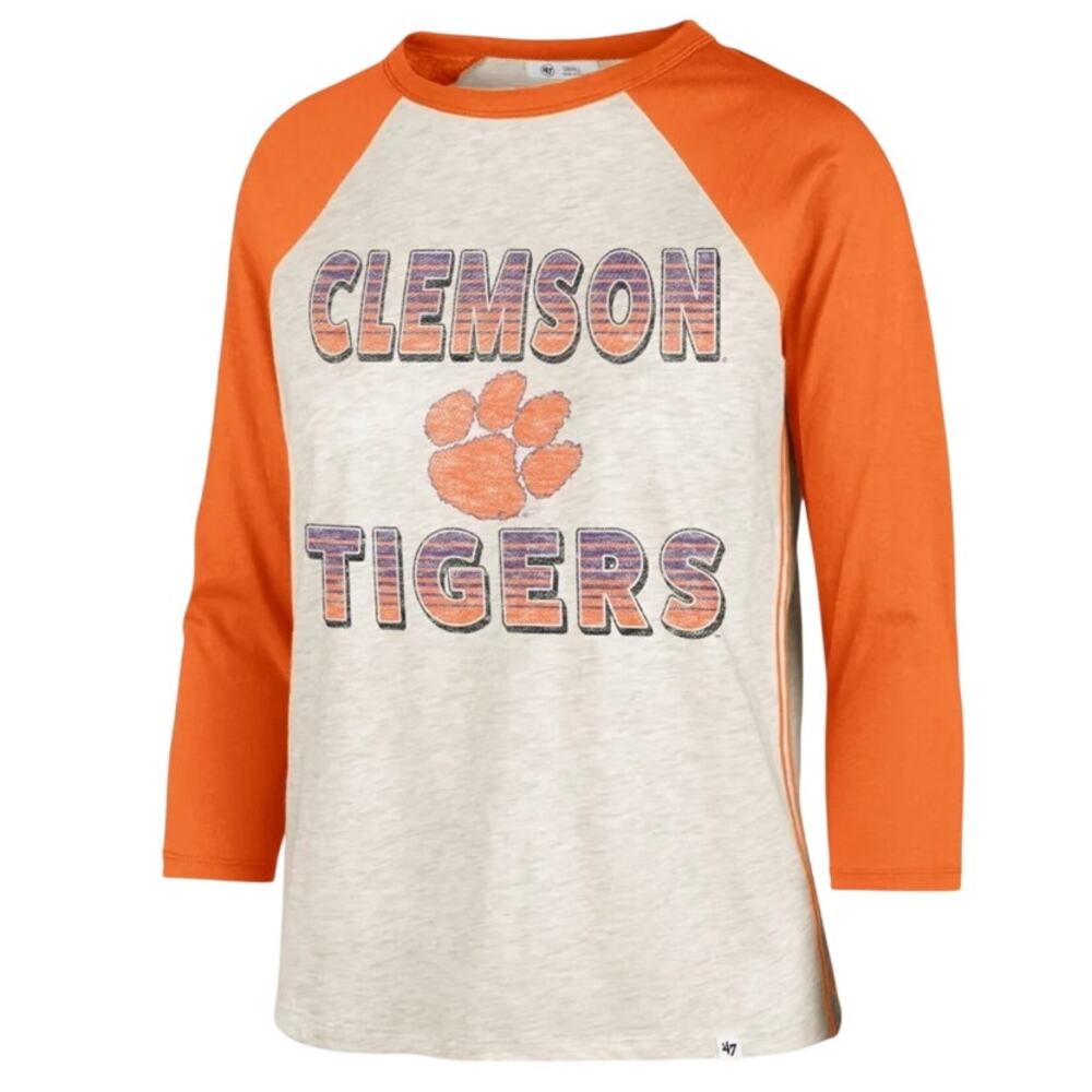 47 BRAND Womens Clemson Tigers TShirt Small Grey Orange Raglan Long Sleeve NWT